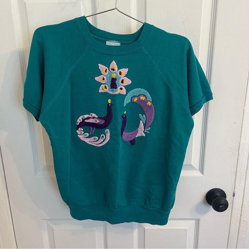 Vintage Teal Sweater with Embroidered Peacocks